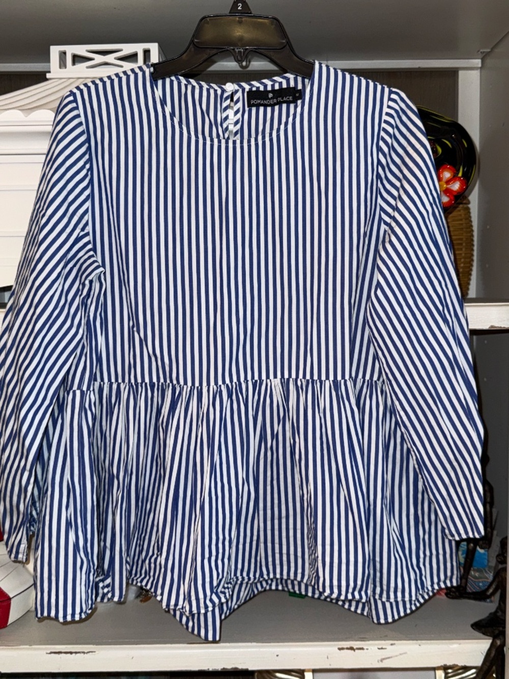 Pomander Place Medium M blue striped top ruffle bottom peplum blouse - Picture 3 of 5